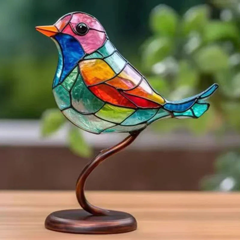 Stained Acrylic Bird Statue – Colorful 2D Branch Ornament for Home Decor
