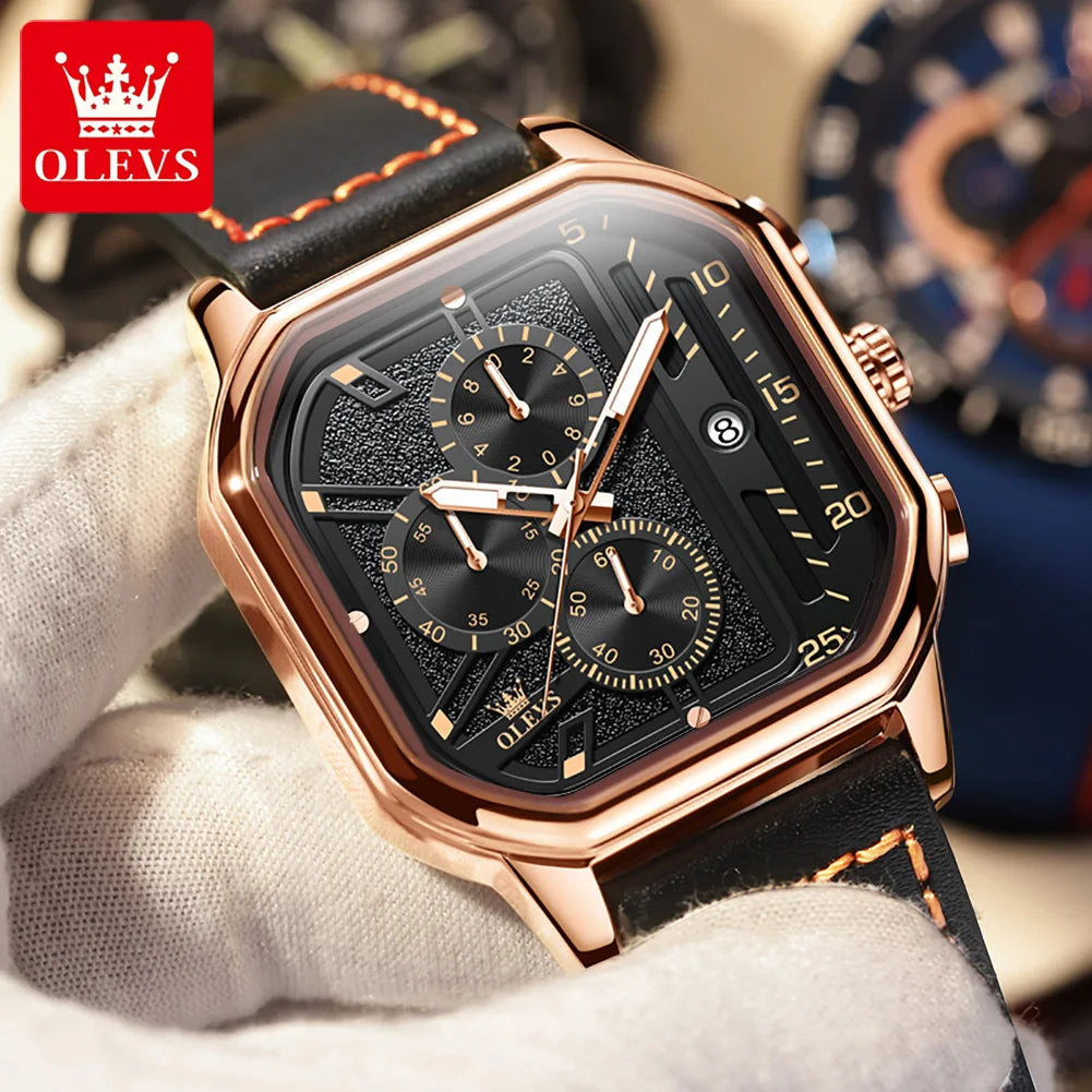 Square Leather Chronograph Watch – Waterproof Quartz Timepiece for Men