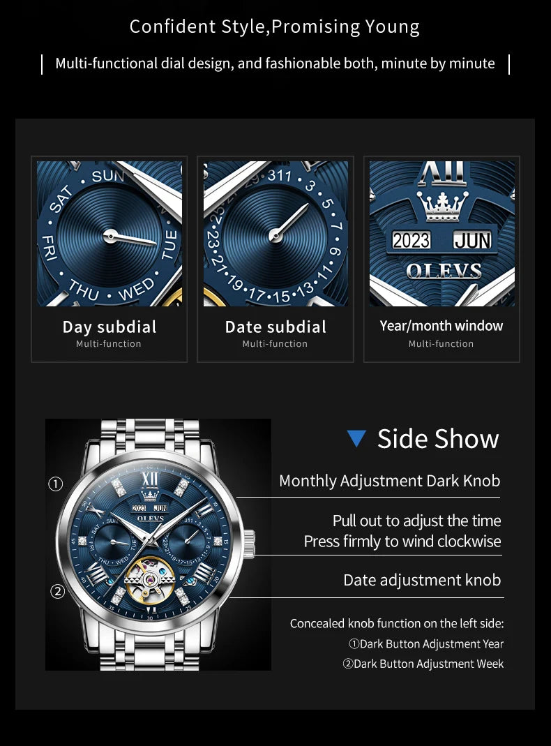 OLEVS Automatic Mechanical Watch – Skeleton Flywheel for Men's Business Wear