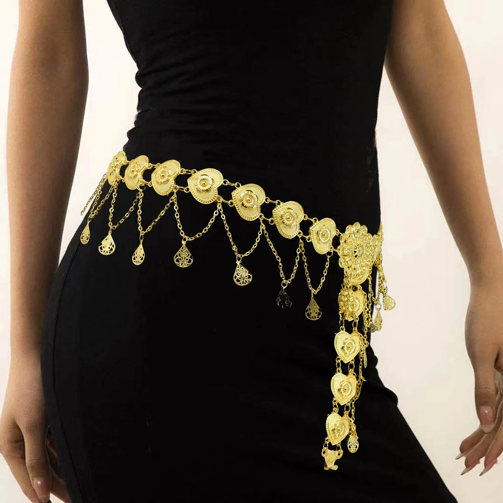 Gold coin chain waist belt with dangling charms on black dress, boho fashion accessory