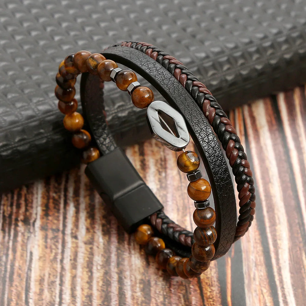 Tiger Eye Leather Bracelet – Multi-Layer Beaded Jewelry for Men