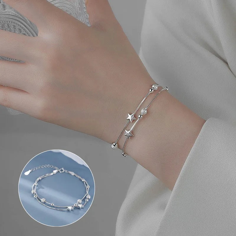 925 Sterling Silver Star Bracelet – Adjustable Double Layer for Party Jewelry