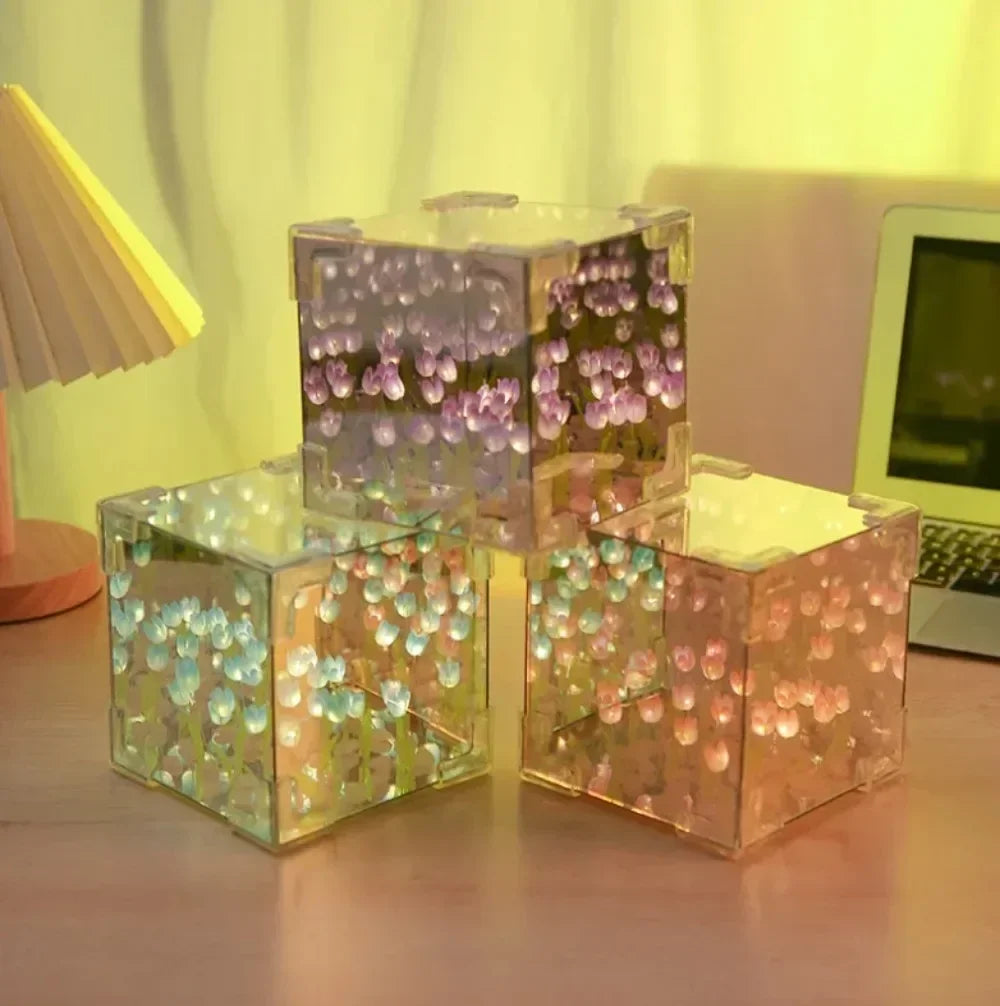 DIY Tulip Flower Sea Cube Night Lamp – Handmade Creative Gift for Girlfriend
