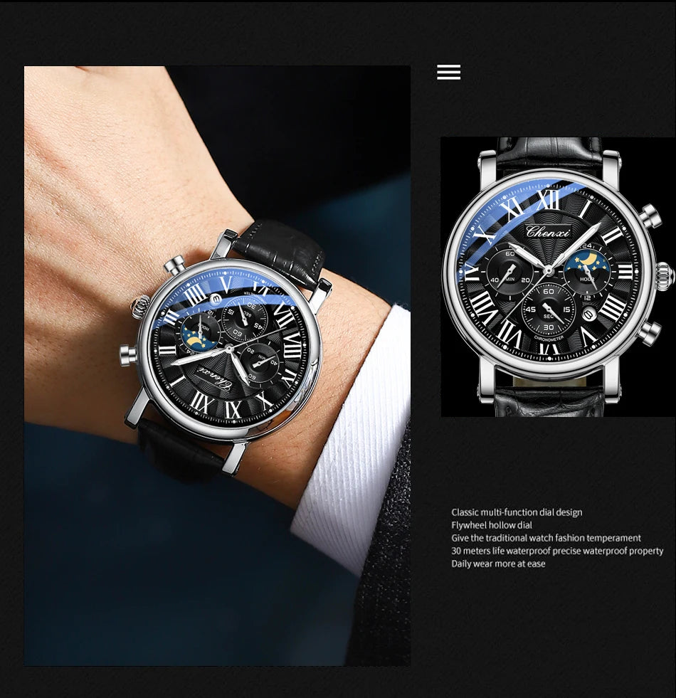 Leather Quartz Chronograph Watch – Men's Moon Phase Business Wristwatch