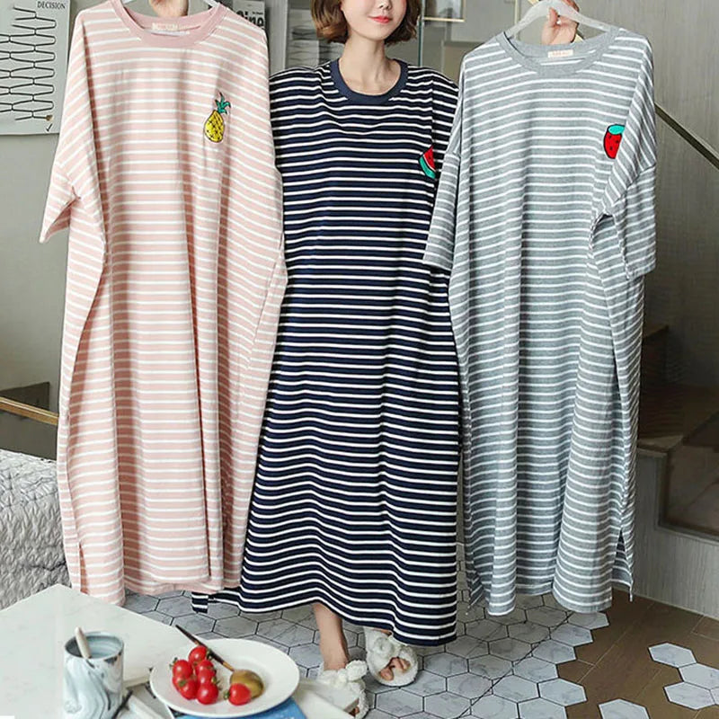 Plus Size Striped Pajama Dress – Short-Sleeved Cartoon Sleepwear for Women