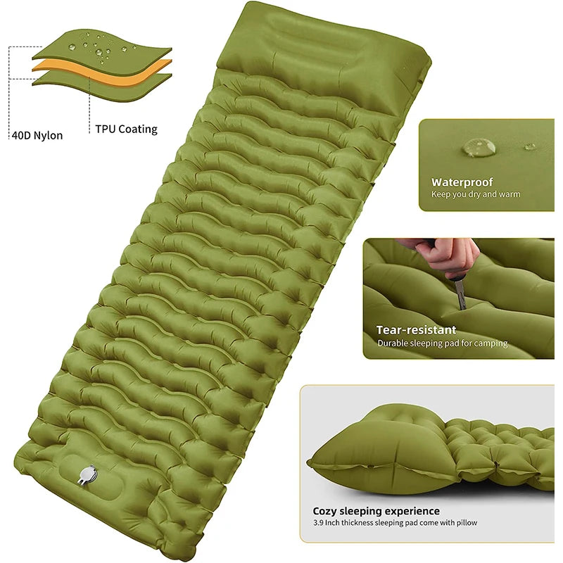 Inflatable Sleeping Pad – Built-in Pillow for Camping Hiking and Travel