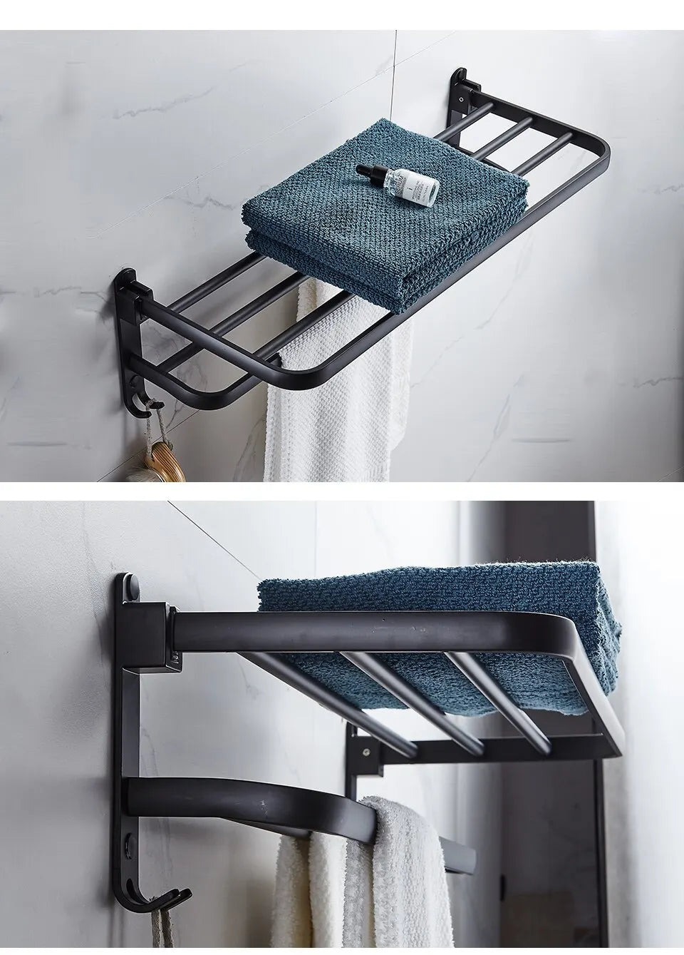 Matte Black Aluminum Towel Rack – 50cm Wall Mounted Holder with Hook