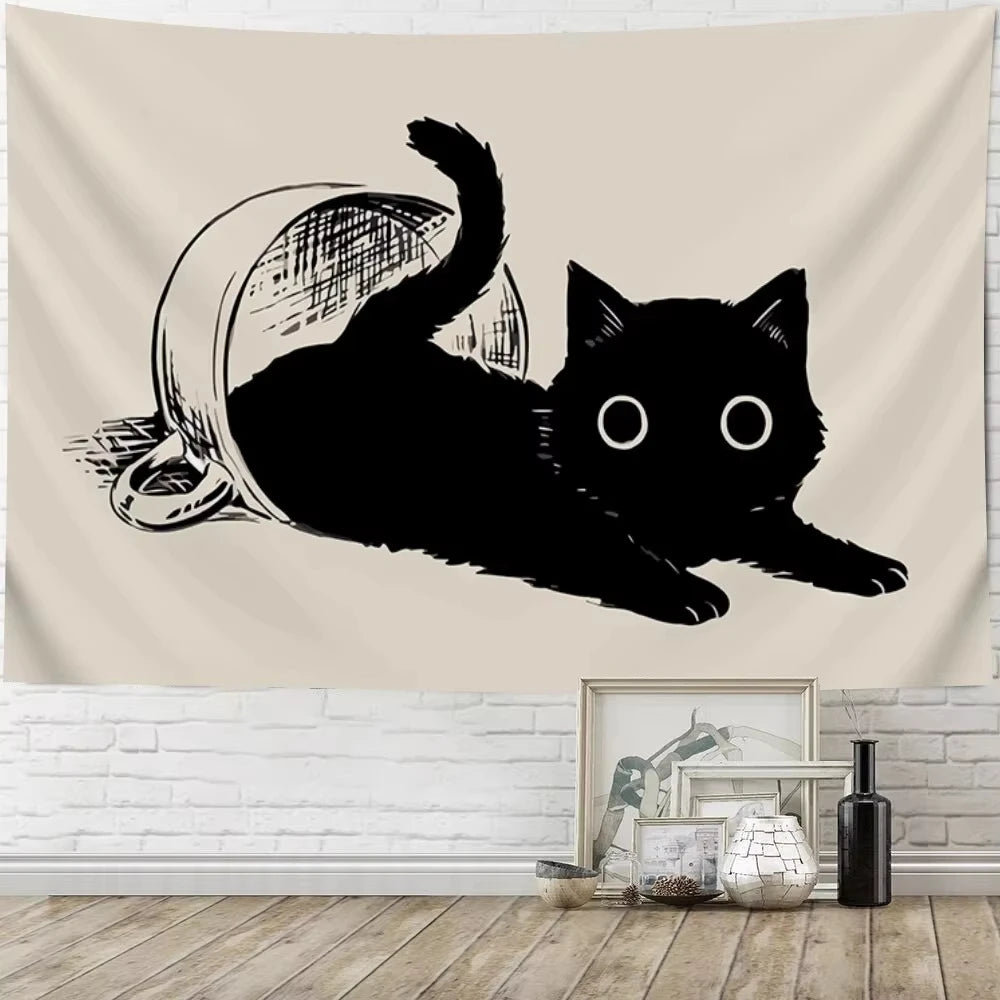 Black Cat Teacup Wall Hanging – Decorative Art for Bedroom Living Room Decor