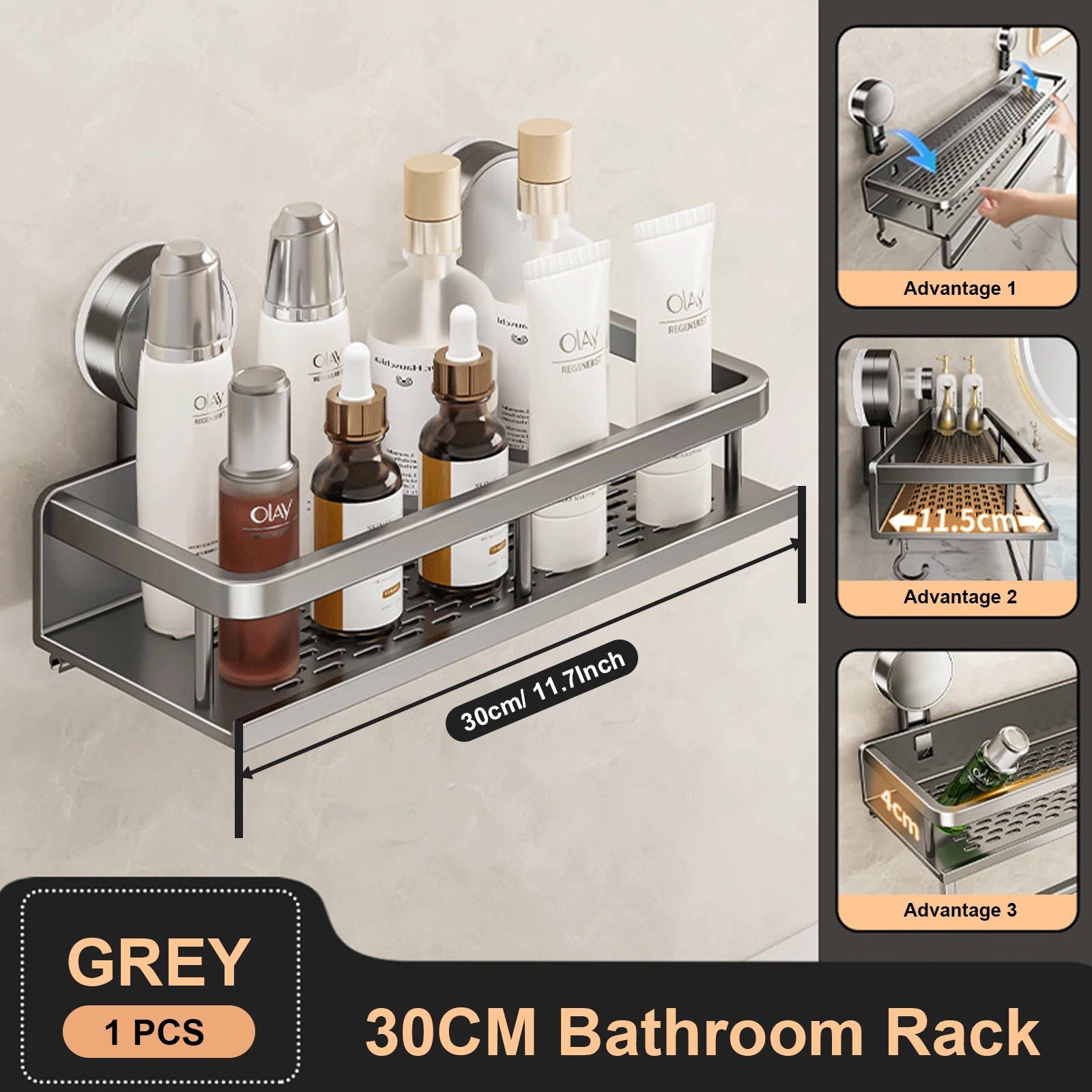 Aluminum Bathroom Shelf – No-Drill Suction Cup Organizer for Toilet Wall
