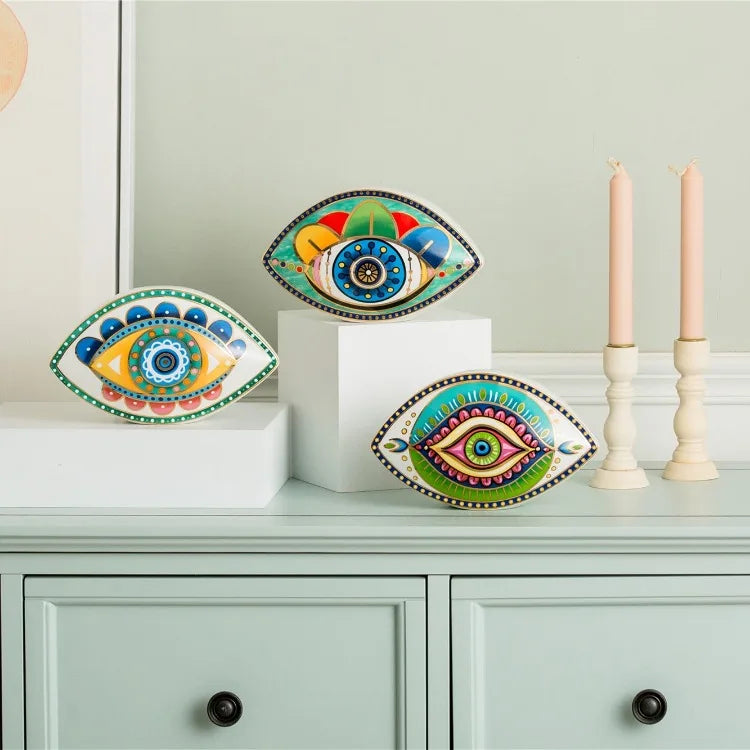Ceramic Evil Eye Figurine – Lucky Amulet Ornament for Home Living Room Decor