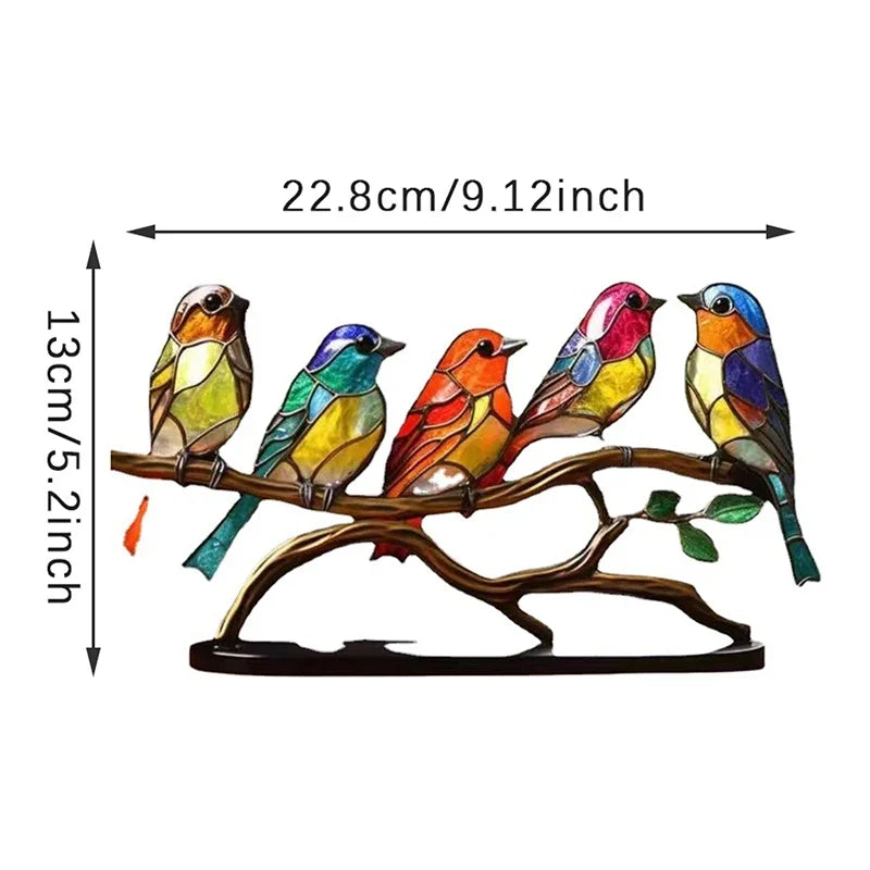 Stained Acrylic Bird Statue – Colorful 2D Branch Ornament for Home Decor
