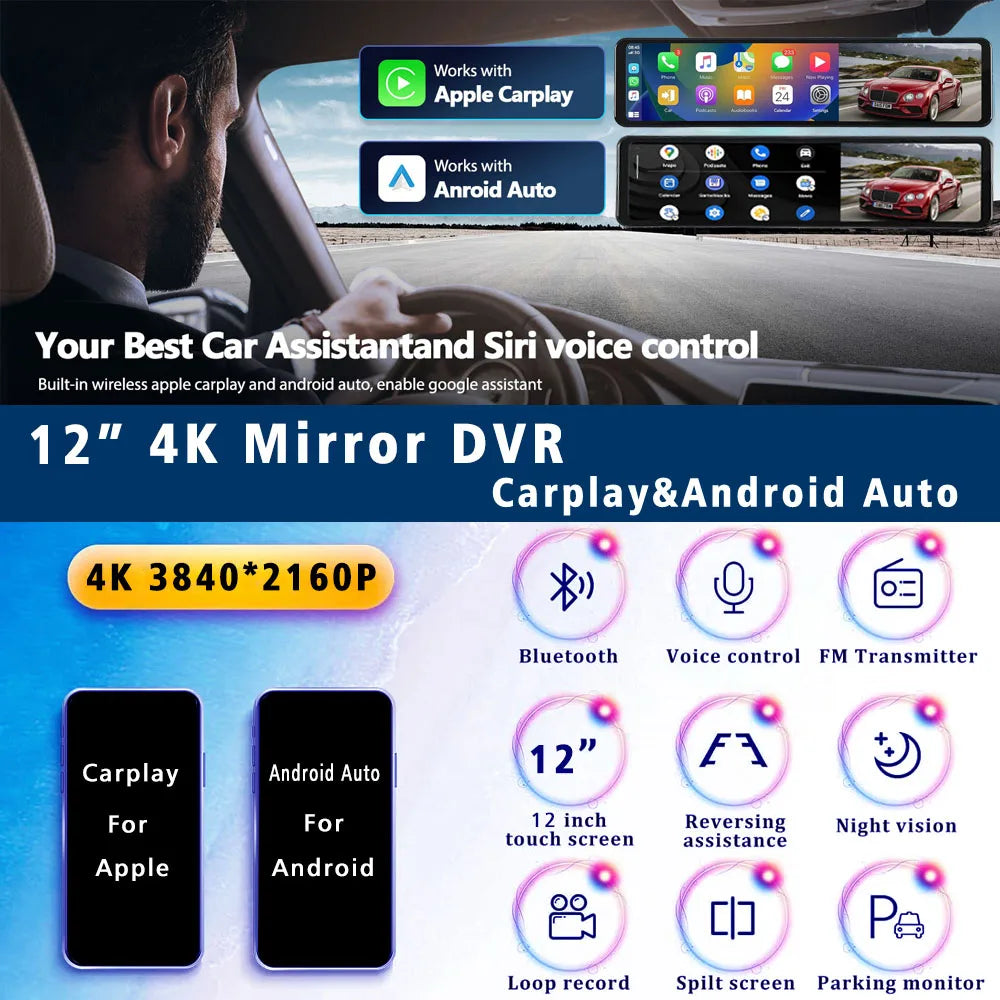 12-Inch 4K Mirror Dash Cam – Wireless CarPlay Android Auto for Car Navigation