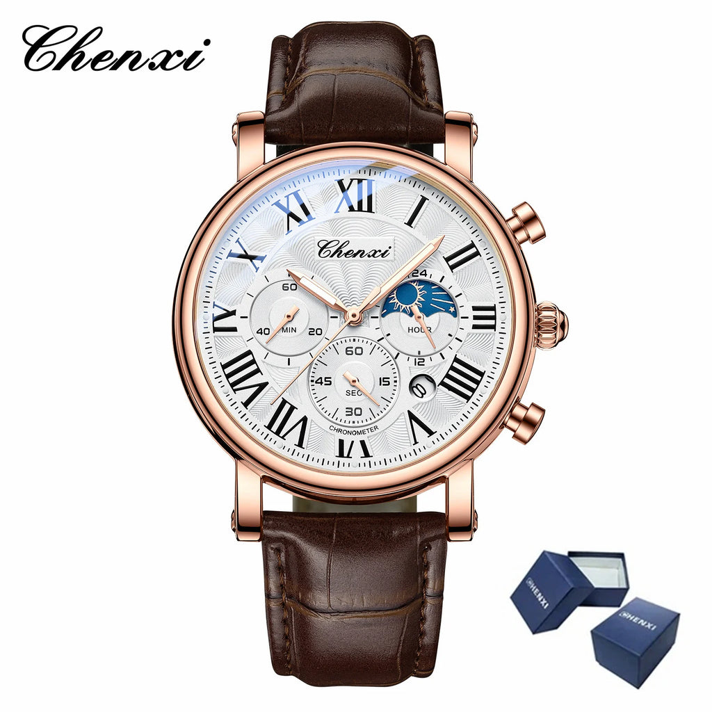 Leather Quartz Chronograph Watch – Men's Moon Phase Business Wristwatch
