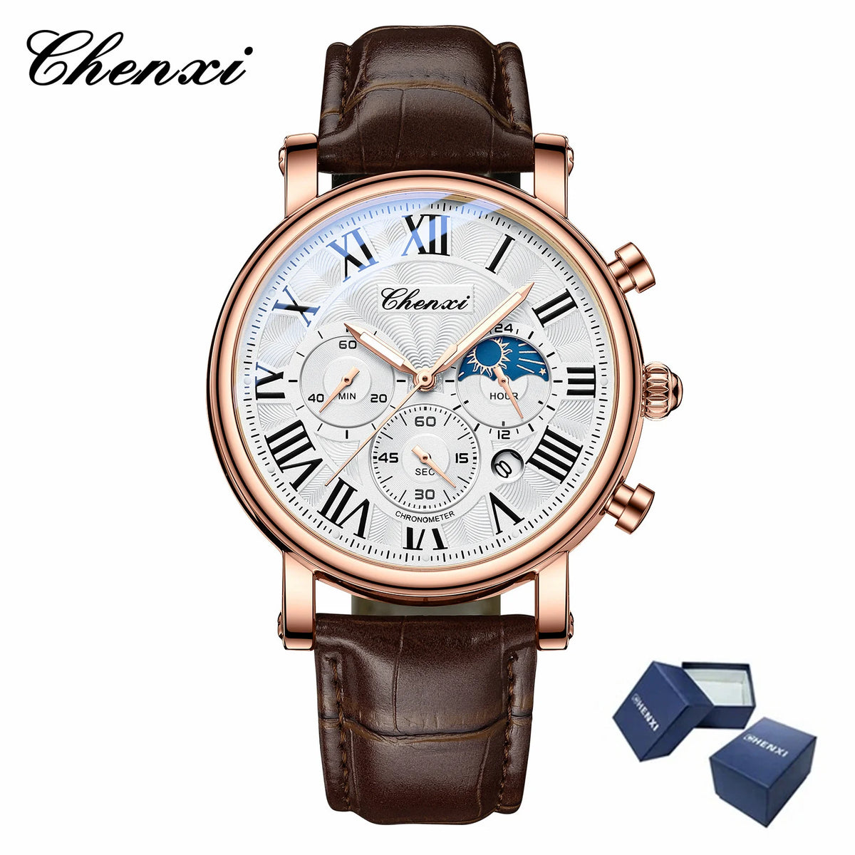 Leather Quartz Chronograph Watch – Men's Moon Phase Business Wristwatch