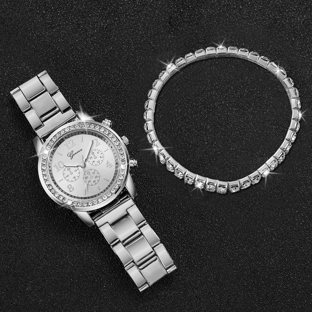 Stainless Steel Quartz Watch – Silver Diamond Bracelet for Women