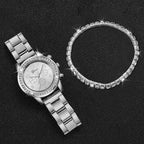 Stainless Steel Quartz Watch – Silver Diamond Bracelet for Women