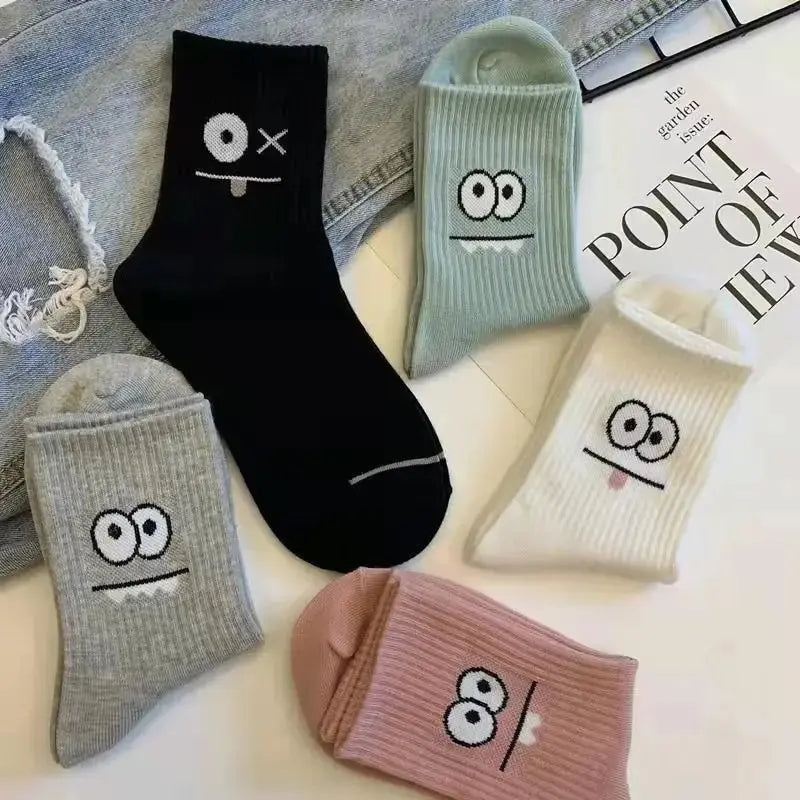 Cute Expression Print Mid Tube Socks – Comfy Cotton Hosiery for Women