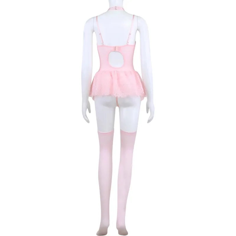 Pink Lace Corset Lingerie – Patchwork Garter Set for Cosplay Costume