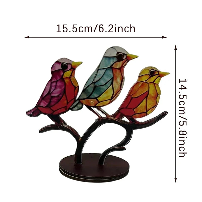 Stained Acrylic Bird Statue – Colorful 2D Branch Ornament for Home Decor
