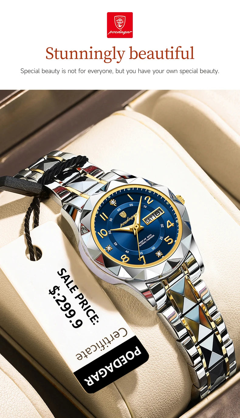 POEDAGAR Quartz Women's Watch – Stainless Steel Waterproof Date for Dress