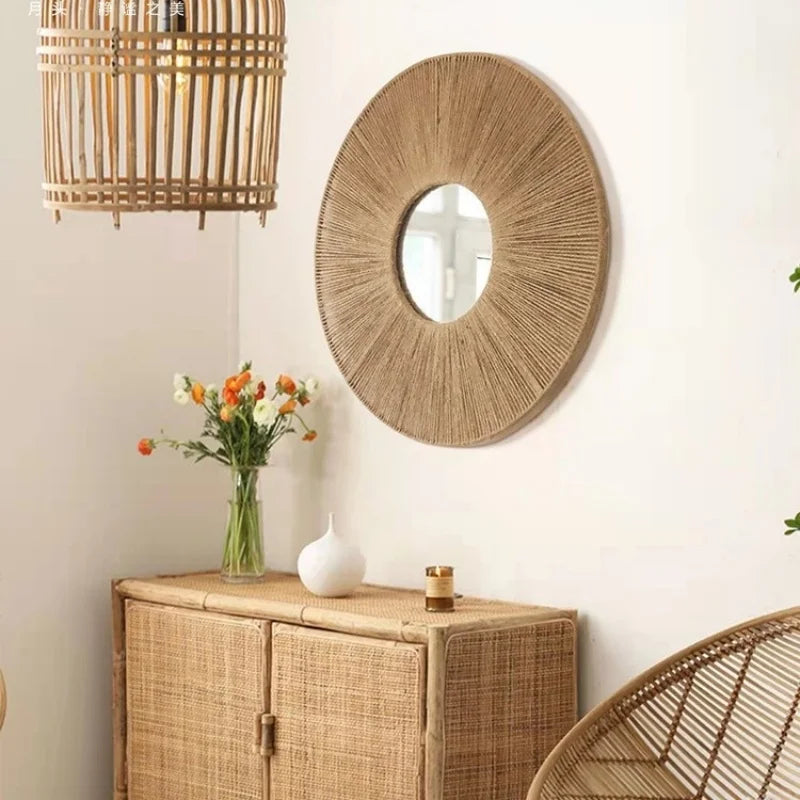 Round Hemp Rope Wall Mirror – Farmhouse Boho Decor for Bedroom and Bathroom