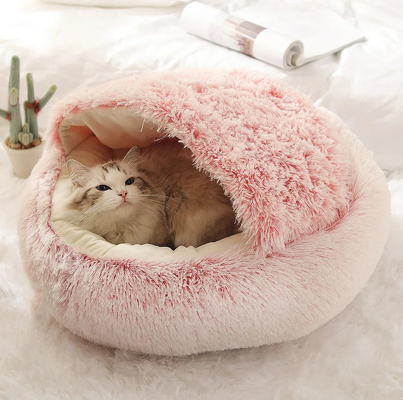 Semi-Enclosed Plush Pet Bed – Warm Winter Shell Nest for Cats and Small Dogs