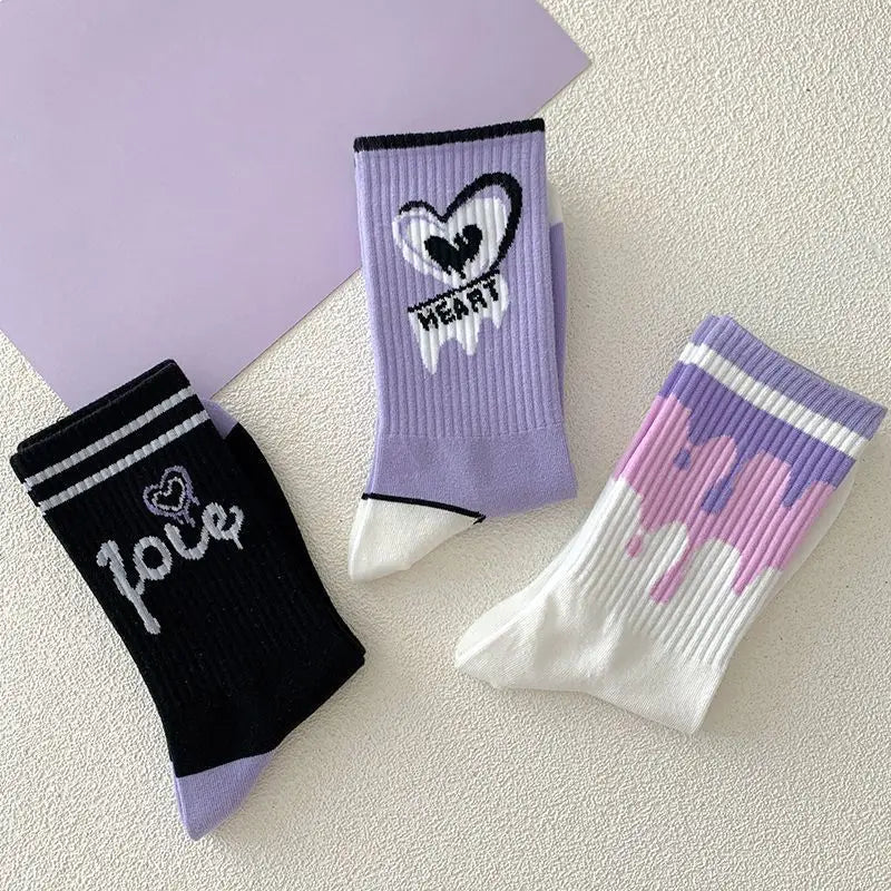 Cotton Heart Print Crew Socks – Kawaii Korean Style for Women