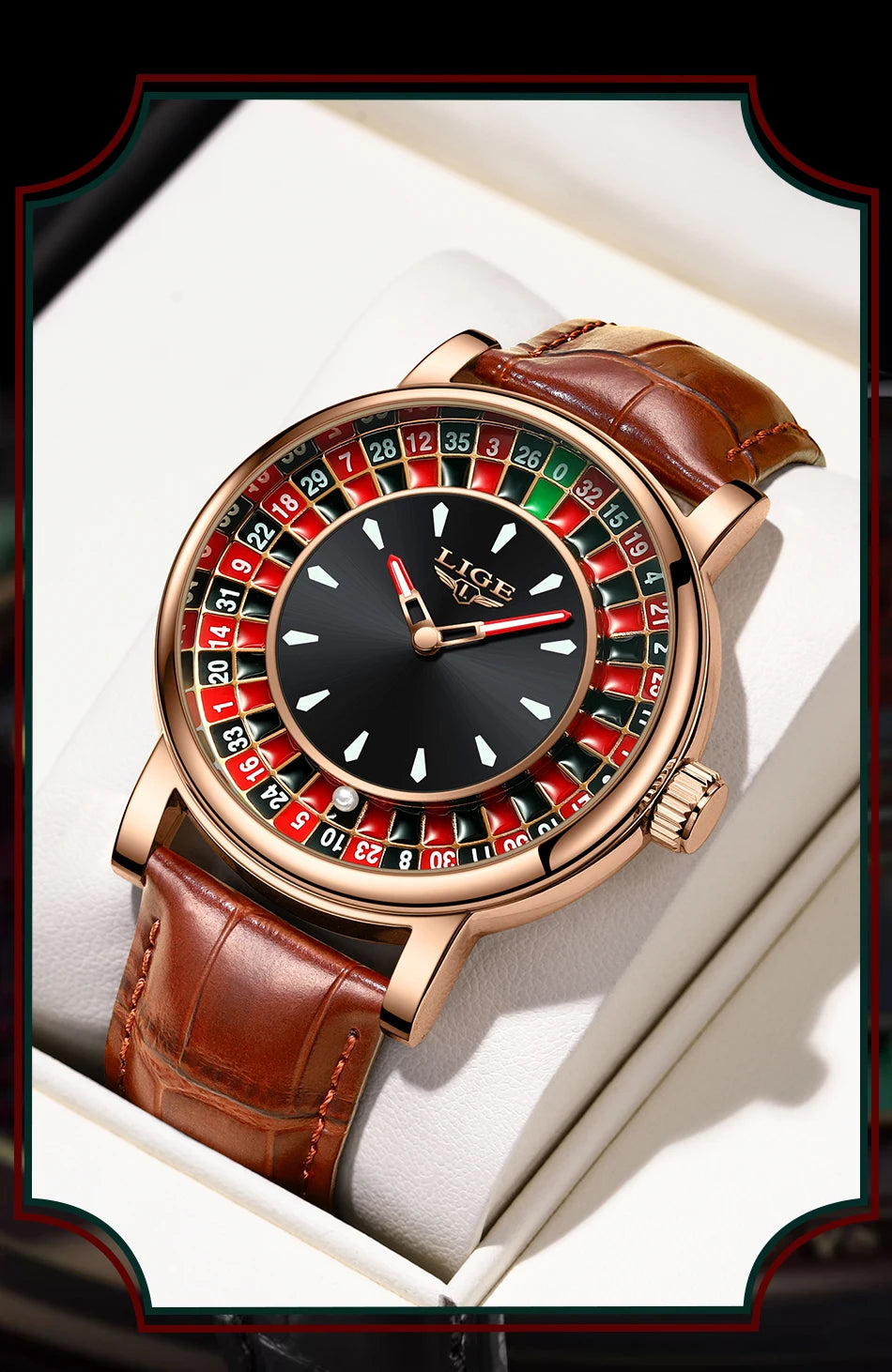 LIGE Roulette Quartz Watch – Luxury Leather Wristwatch for Men Gifts