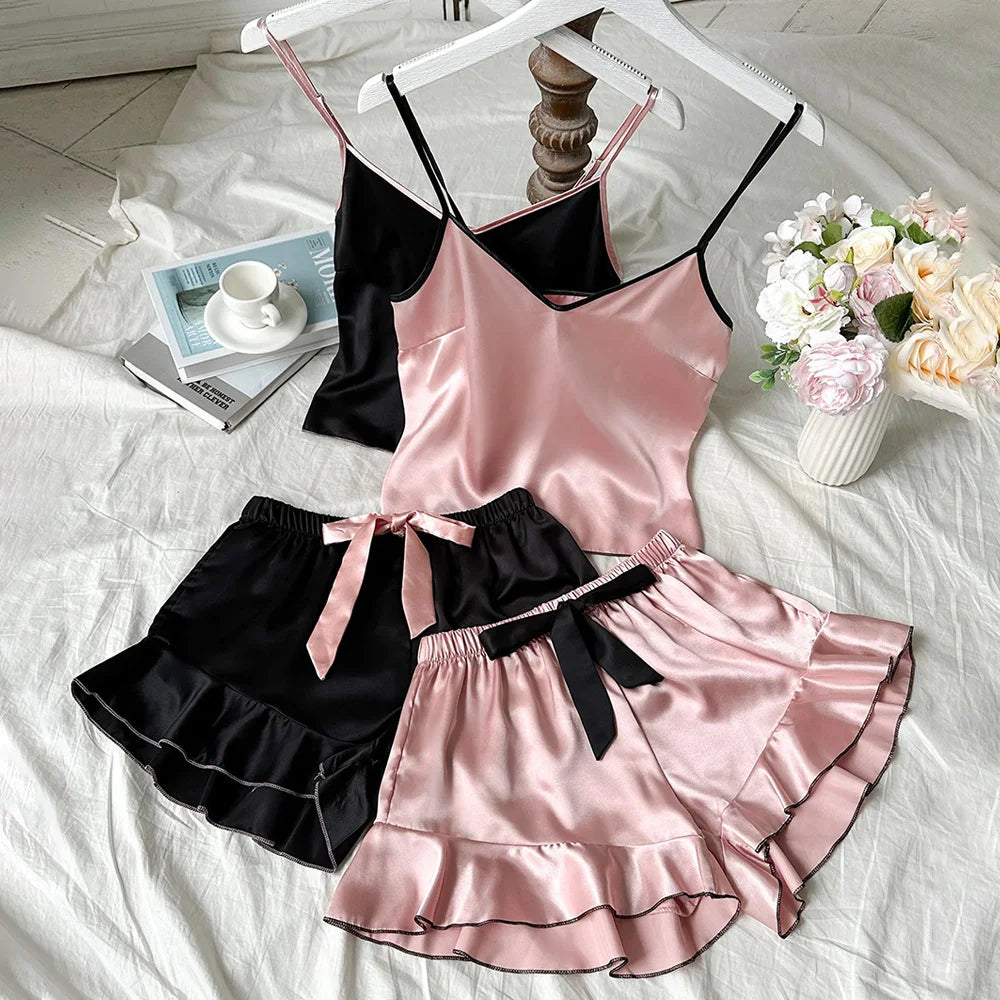 Satin V-Neck Pajama Set – Ruffled Bow Shorts for Loungewear and Sleep