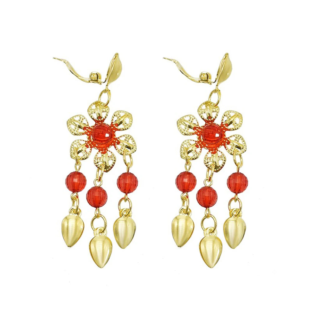 Gold floral dangle earrings with red beads and leaf charms