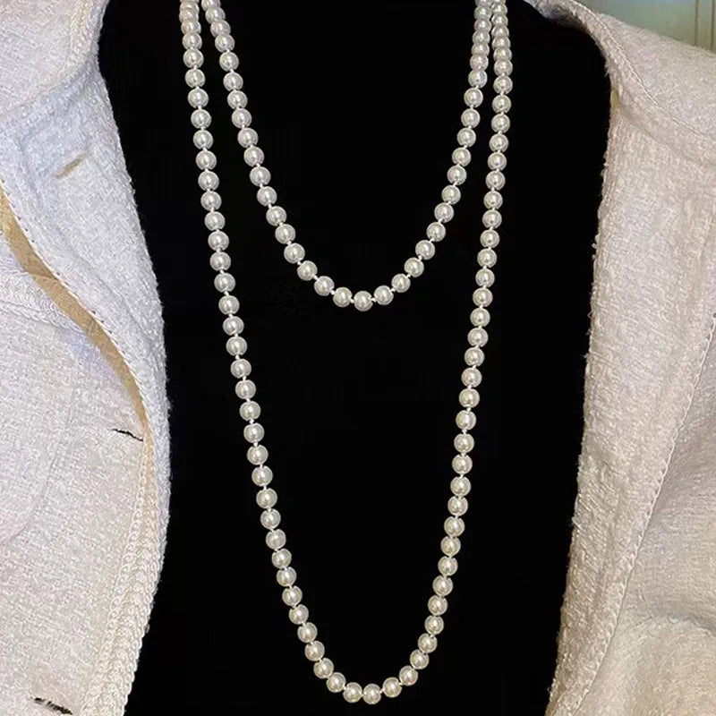 Long Simulated Pearl Necklace – Handmade Beaded Sweater Chain for Fashion