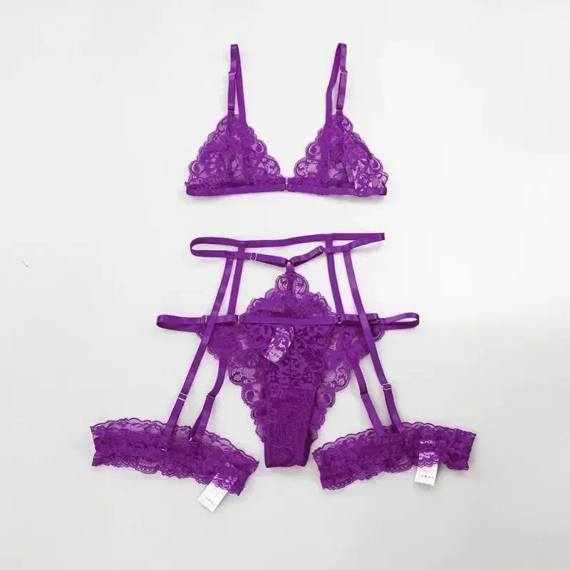 Transparent Lace Lingerie Set – Sexy 3 Piece Sleepwear for Women