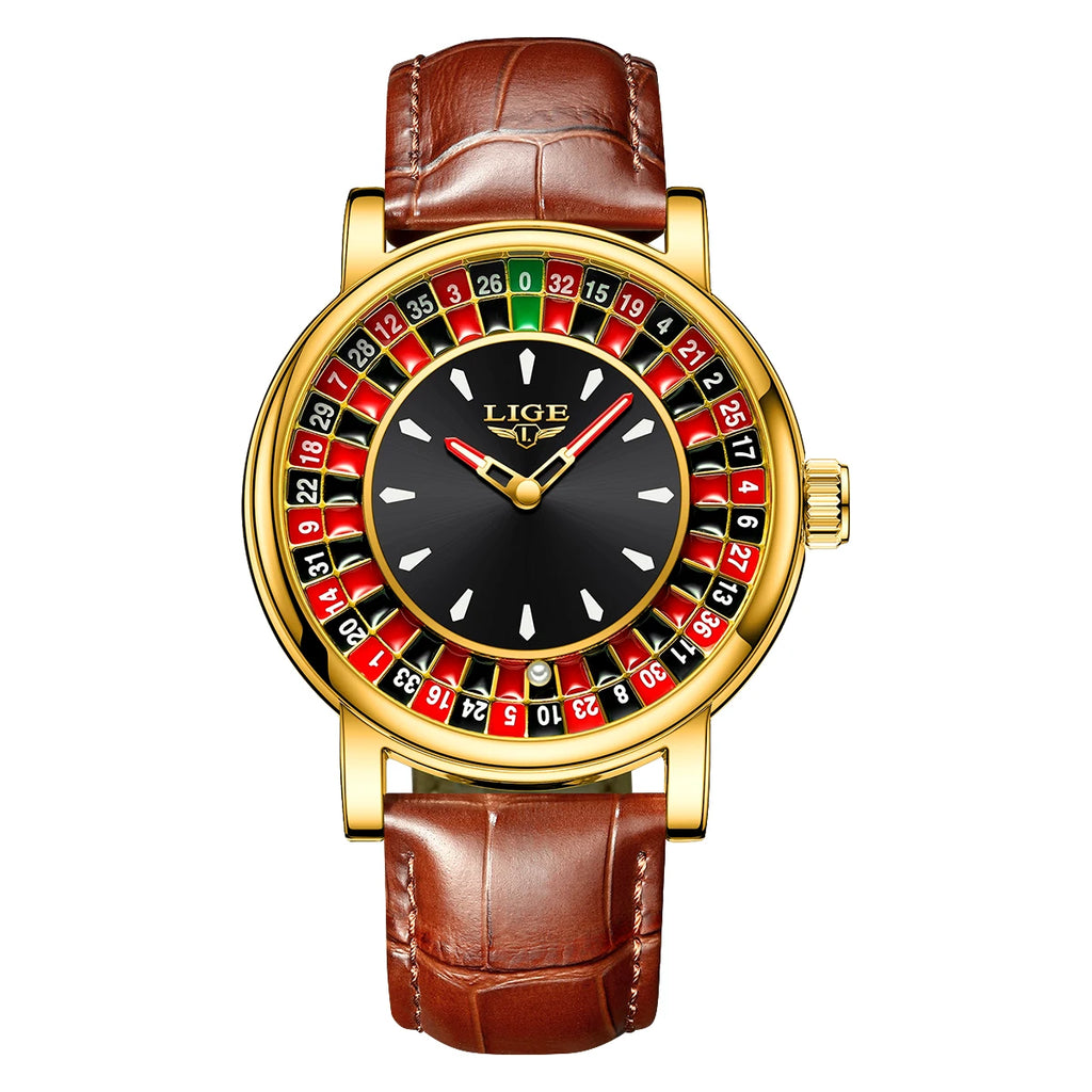 LIGE Roulette Quartz Watch – Luxury Leather Wristwatch for Men Gifts