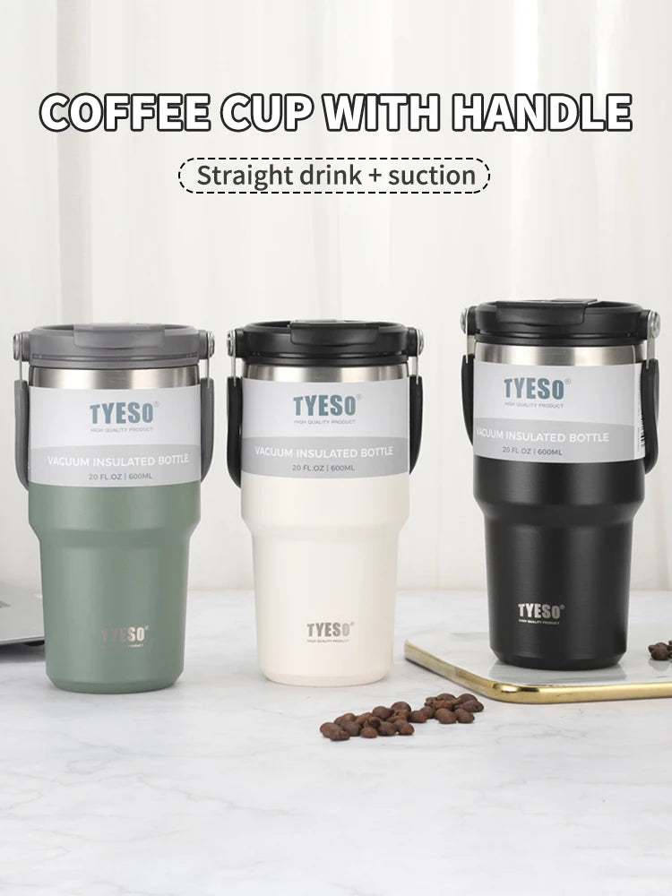 Set of three TYESO vacuum insulated coffee cups with handle in green, cream, and black colors