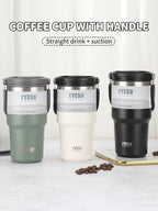 Set of three TYESO vacuum insulated coffee cups with handle in green, cream, and black colors
