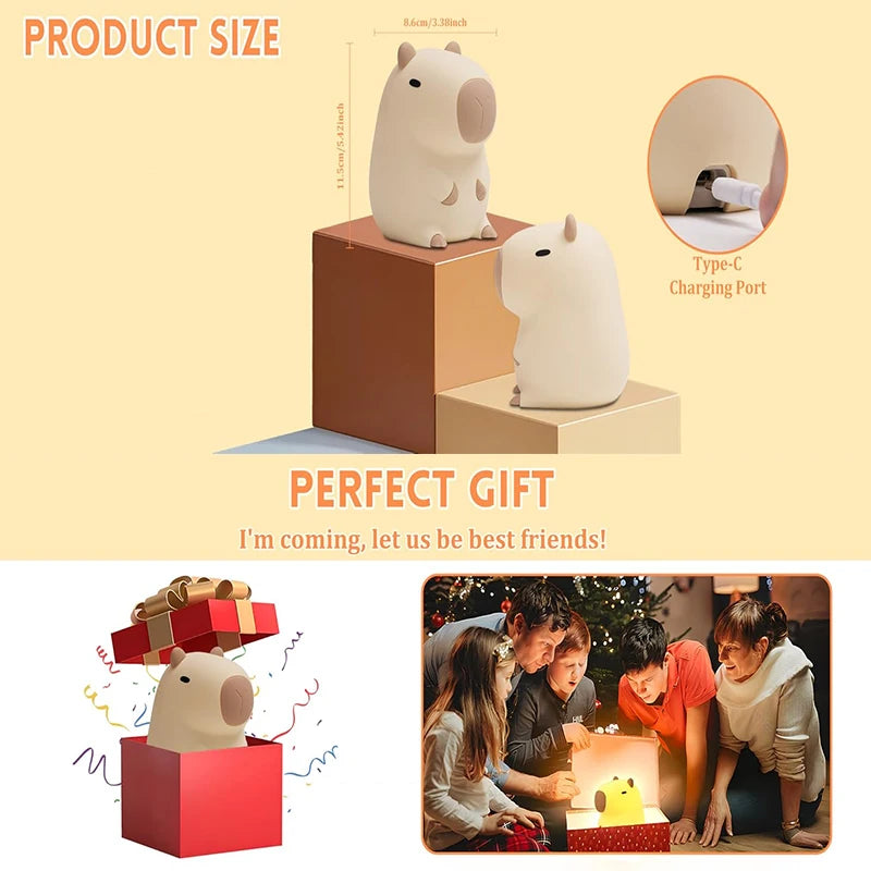 Silicone Capybara Night Light – Rechargeable Animal Bedside Lamp for Kids