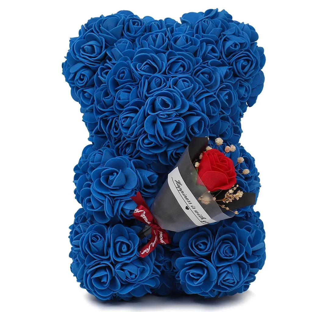 Artificial Rose Teddy Bear – 25cm Flower Figurine for Anniversary Gifts