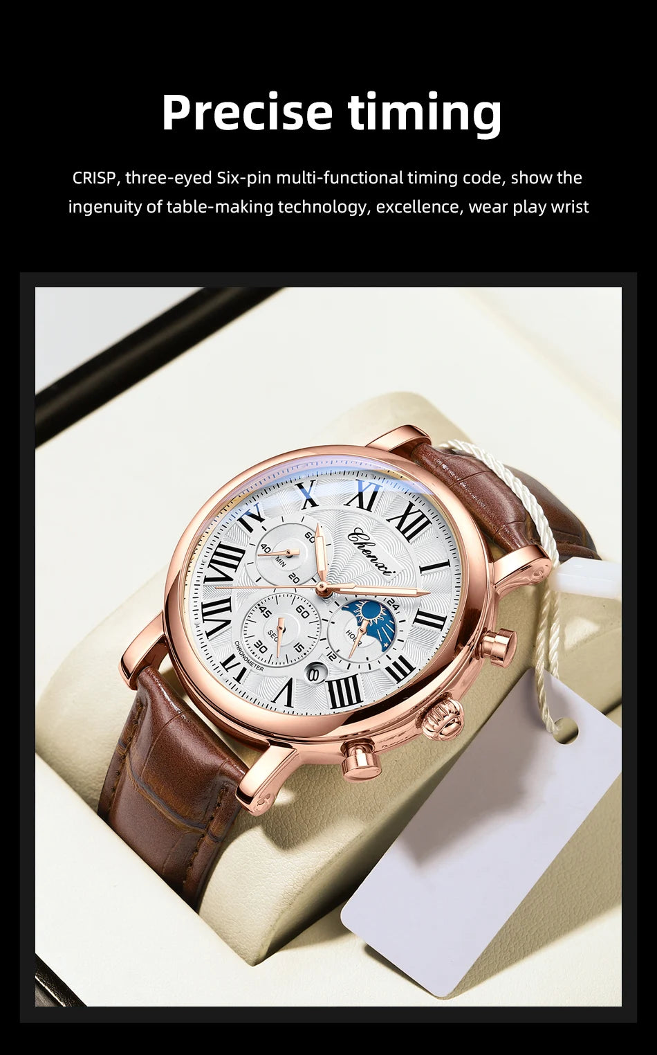 Leather Quartz Chronograph Watch – Men's Moon Phase Business Wristwatch