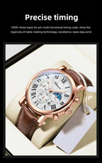 Leather Quartz Chronograph Watch – Men's Moon Phase Business Wristwatch