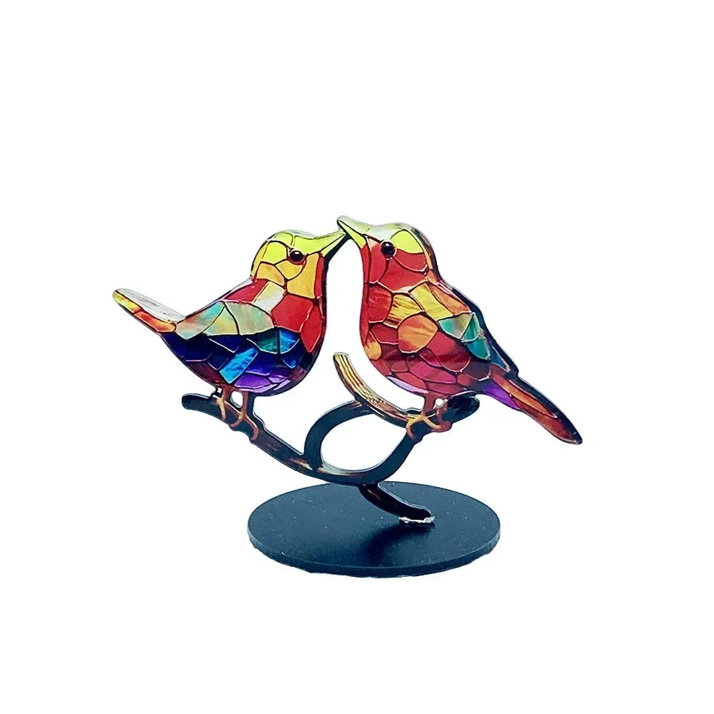 Stained Acrylic Bird Statue – Colorful 2D Branch Ornament for Home Decor