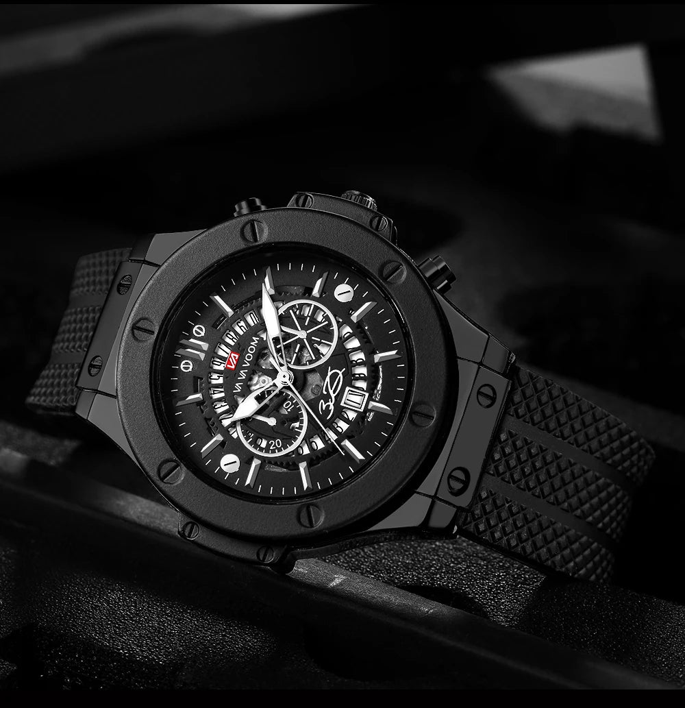 Mens Rose Gold Silicone Sports Watch – 46mm Hollow Dial for Daily Fashion