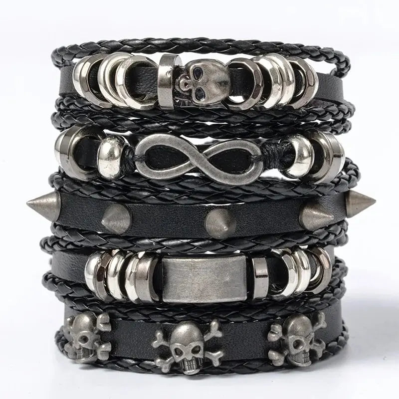 Braided Punk Leather Bracelet Set – Metal Bead Wristbands for Gothic Jewelry