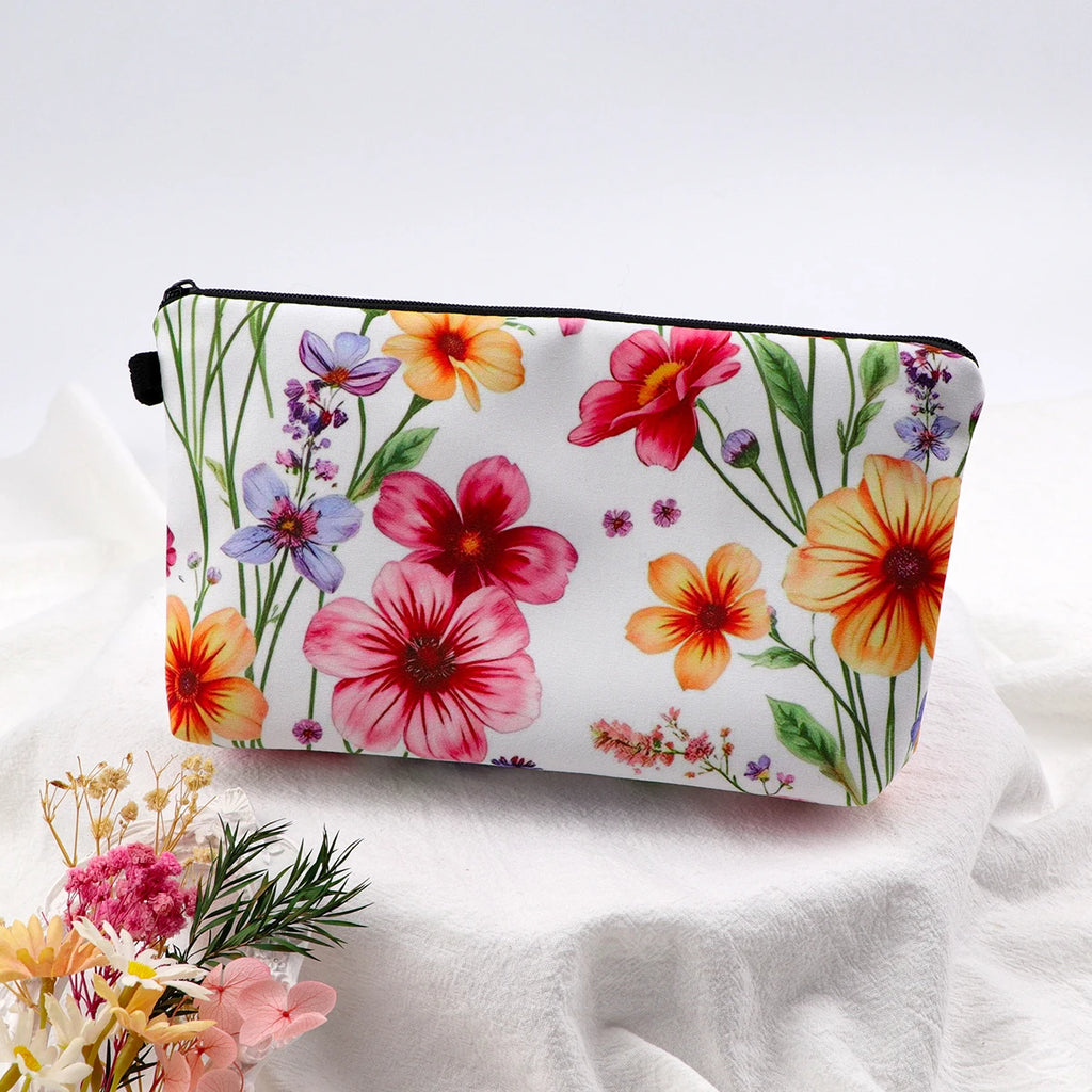 Floral Zipper Makeup Bag – Portable Travel Cosmetic Organizer for Women