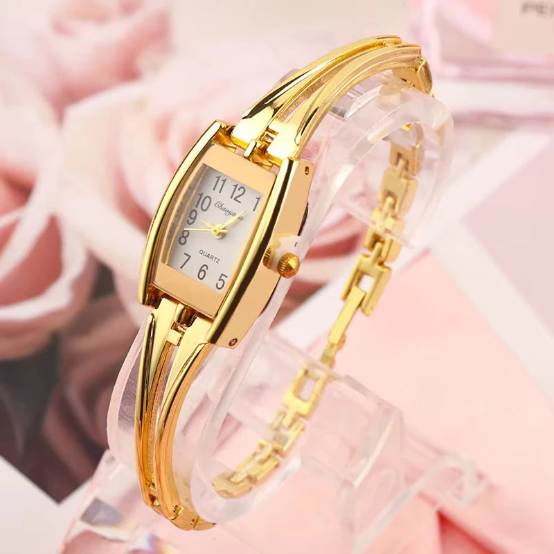 Gold Stainless Steel Wristwatch – Elegant Quartz Bracelet for Women