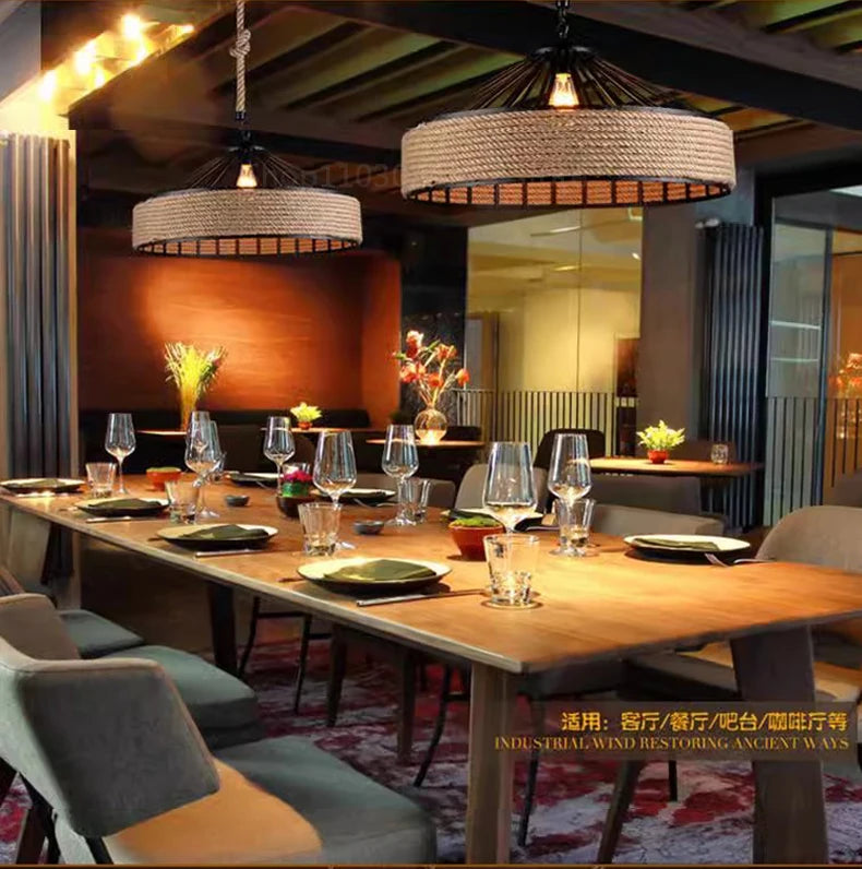 Industrial Hemp Rope Pendant Lamp – Antique Iron Chandelier for Dining Room
