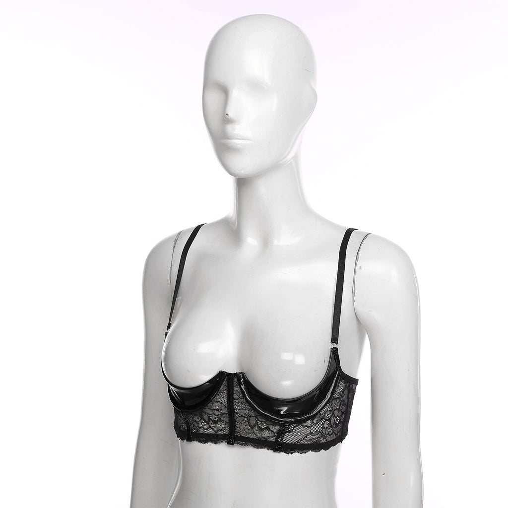 Wetlook Leather Push Up Bralette – Underwire Lace Lingerie for Sexy Cosplay