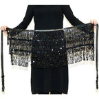 Black sequin and bead fringe hip scarf for dance or costume accessories, displayed by person