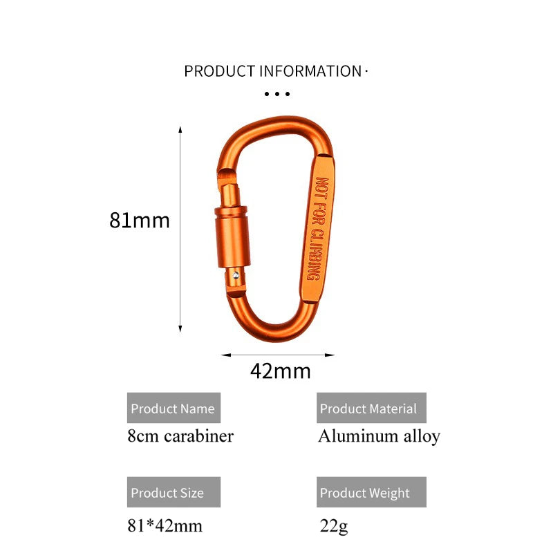 Aluminum D-Shaped Carabiners – 8cm Tactical Clips for Outdoor Camping Gear