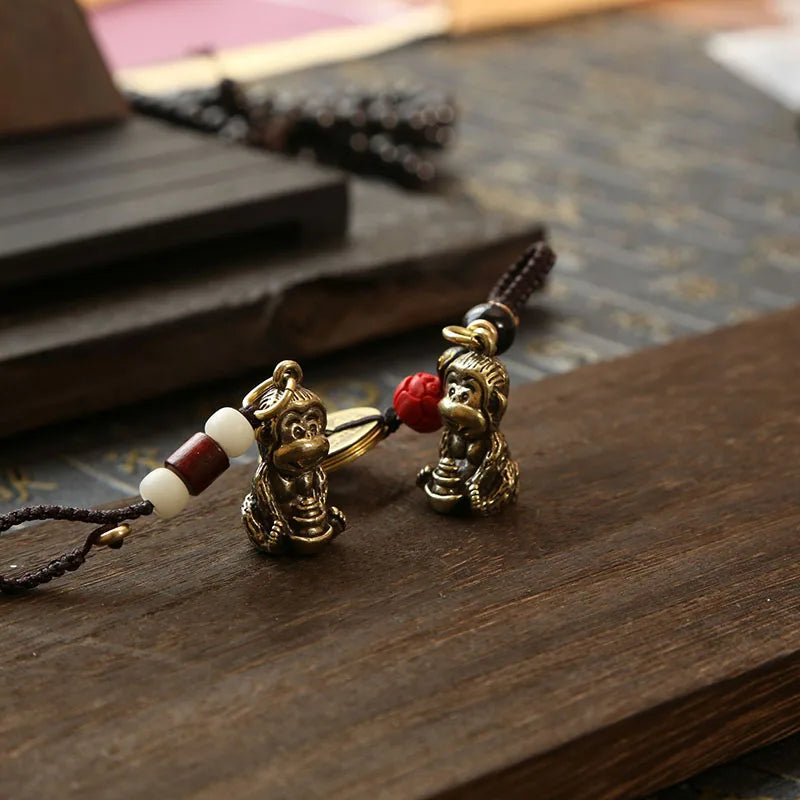 Brass Monkey Key Ring – Feng Shui Lucky Coin Charm for Car Keychain Decor