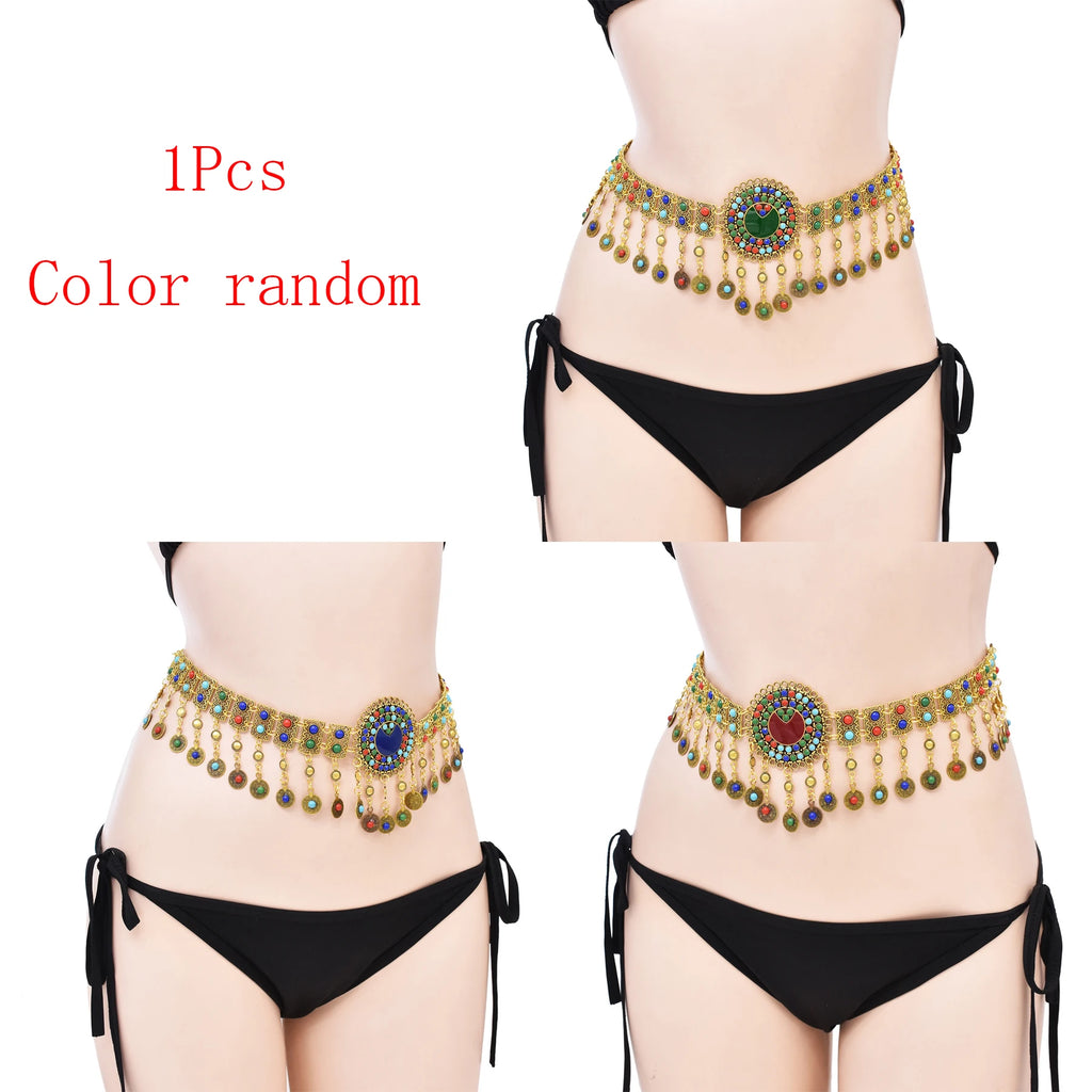 Woman wearing black bikini with gold and colorful beaded belly dance hip belt, random color